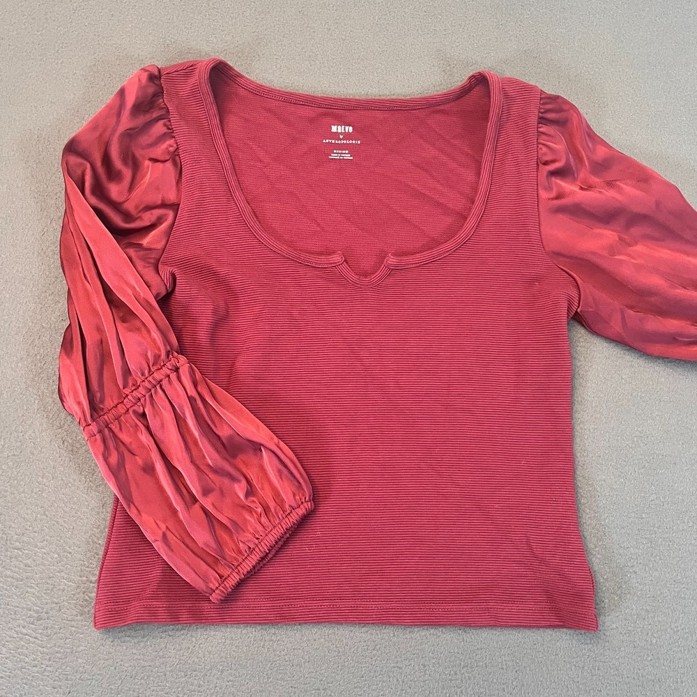 Anthropologie Maeve Puff-Sleeved Top V Neck Long Sleeve Maroon Blouse Womens Med